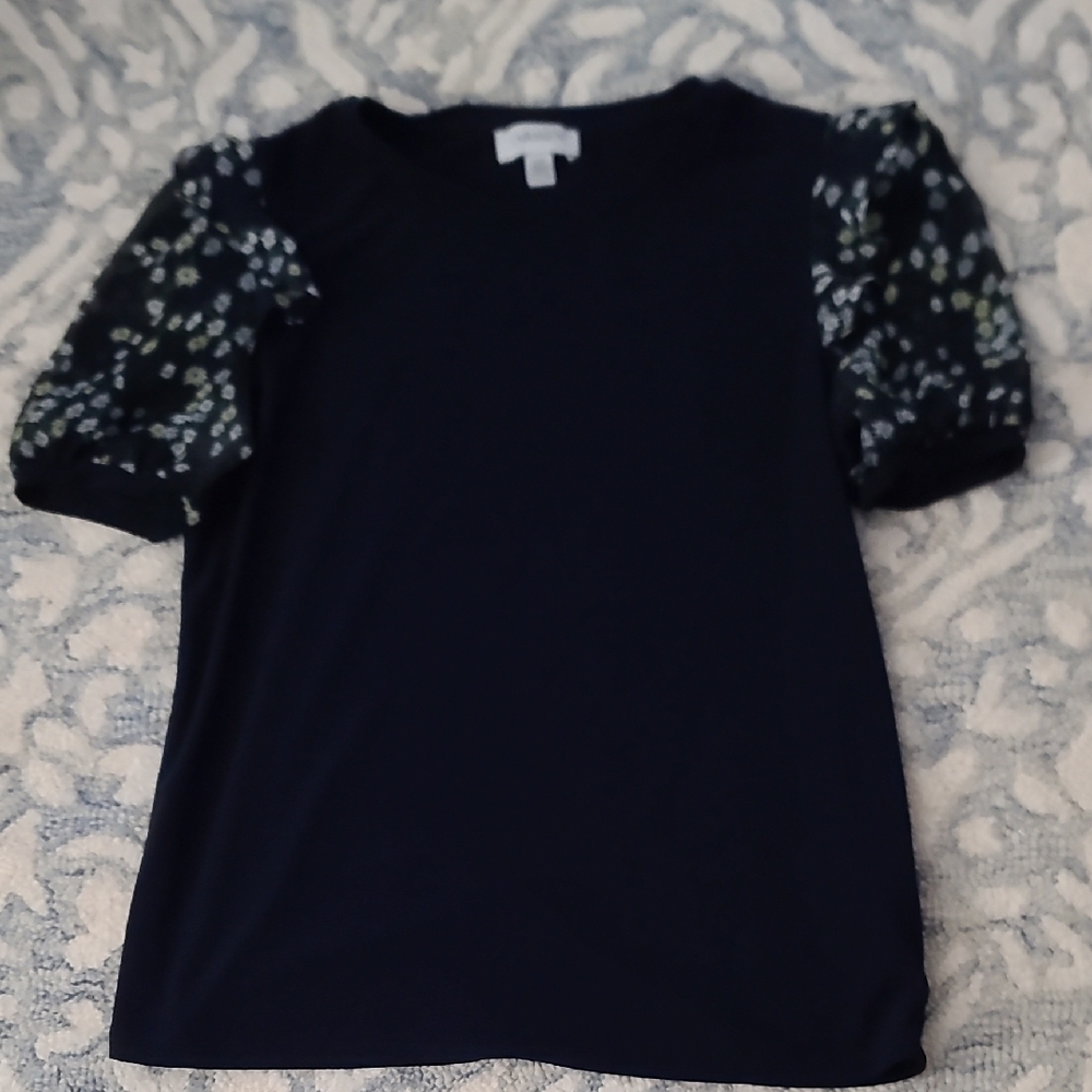 Carmen Marc Valvo Navy Blue Top with Floral Sleeves